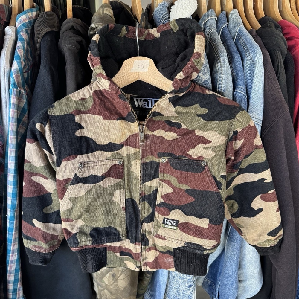 VTG Walls Tough Wear Canvas Camo Work Jacket Boys XS Insulated Full-zip Hooded